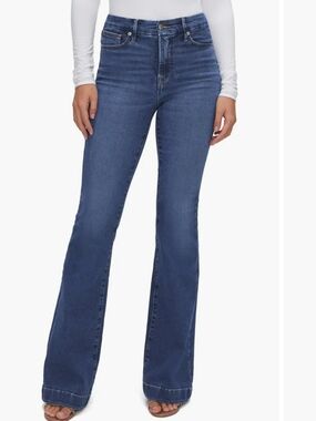 Good American Good Legs Flare Jeans Blue 305 Sz 6/28 High Rise Stretch Denim